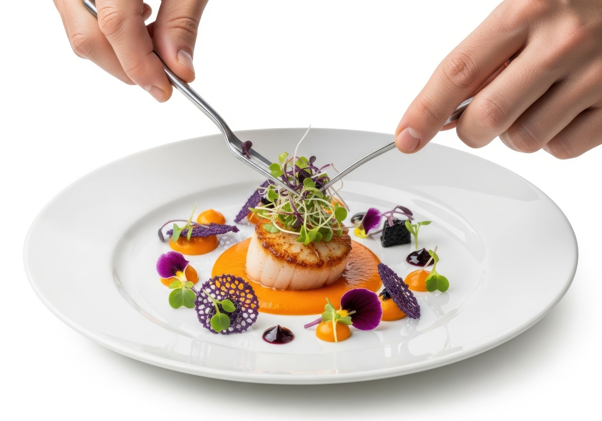 Hands plating a modern dish in a bright kitchen